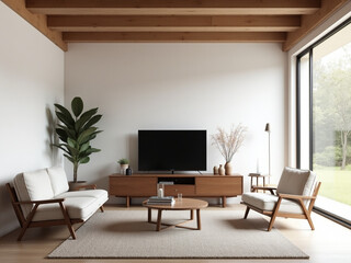 Fototapeta premium Minimal Mid-Century Modern Living Room with Open Layout and Walnut Console.