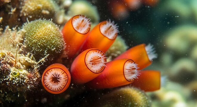 Orange Tunicate Sea Squirt Colony on Coral Reef.