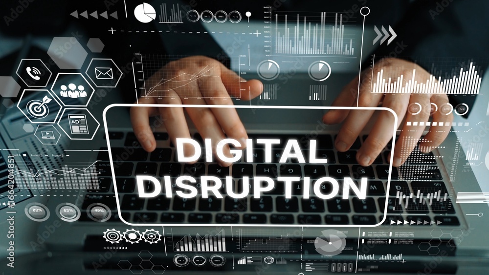 Poster digital disruption concept with keyboard and data visualization in modern workspace environment. asy