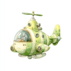 Cute, light-green, cartoon submarine-helicopter hybrid, whimsical design