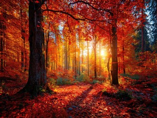 Fototapeta premium Autumn forest bathed in golden sunlight (1)