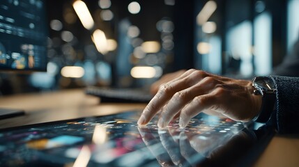 Detailed close-up of a male hand wearing a watch touching a vibrant reflective digital tablet screen.