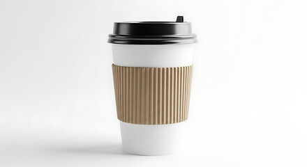 Disposable Coffee Cup with Black Lid and Brown Sleeve Isolated on White Background
