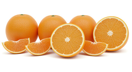 Fresh oranges whole and half cut isolated on white background 3D render fruit photo