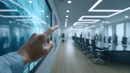 Close-up of a hand with an index finger touching a large futuristic interactive digital screen with a glowing blue interface.