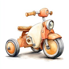 Watercolor illustration of a vintage-style tricycle.  A charming, retro-inspired children's tricycle, rendered in warm orange and cream tones.  