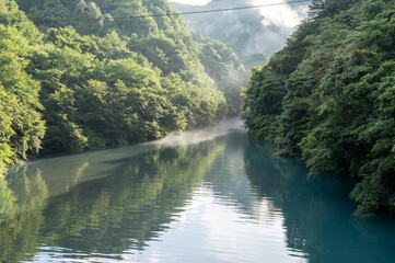 静寂と朝靄に包まれた朝の白砂ダム