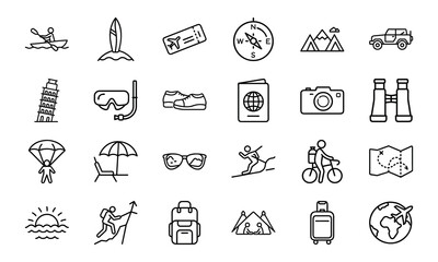 Travel and Adventure Line Icons Set – Tourism, Vacation, Hiking, Camping, Airplane Ticket, Luggage, Backpack, Mountain Climbing, Surfing, Cycling, Snorkeling, Summer Holiday and Outdoor Exploration Ve
