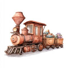 Watercolor illustration of a vintage steam train.  Russet-toned engine with several cargo cars; detailed, whimsical rendering
