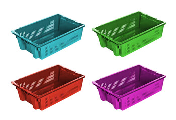 Four colorful plastic storage crates isolated on a transparent background isolated on transparent...