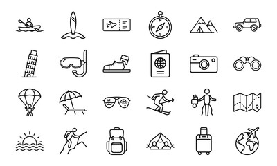 Travel and Adventure Line Icons Set – Tourism, Vacation, Hiking, Camping, Airplane Ticket, Luggage, Backpack, Mountain Climbing, Surfing, Cycling, Snorkeling, Summer Holiday and Outdoor Exploration Ve
