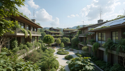Fototapeta premium Sustainable architecture featuring eco friendly buildings with solar panels and lush greenery