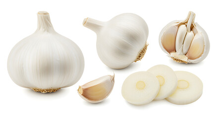 White garlic whole half cut and sliced isolated on white background vegetable photo