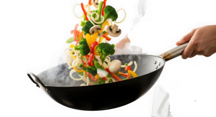 Chef tossing vegetables and noodles in a wok with steam rising, showcasing a dynamic stirfry preparation, isolated on transparent background