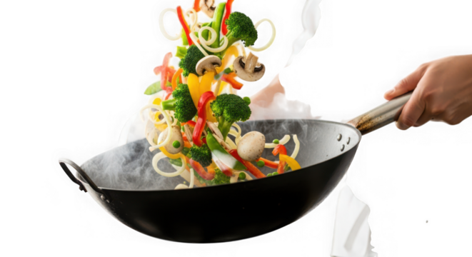 Chef tossing vegetables and noodles in a wok with steam rising, showcasing a dynamic stirfry preparation, isolated on transparent background