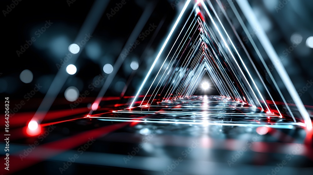 Poster neon-lit triangular tunnel with reflective surface