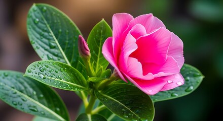 Vibrant Pink Periwinkle Flower with Dew Drops.