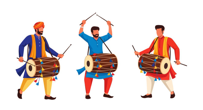 Three men in traditional attire playing drums, performing with sticks, and celebrating. - Powered by Adobe