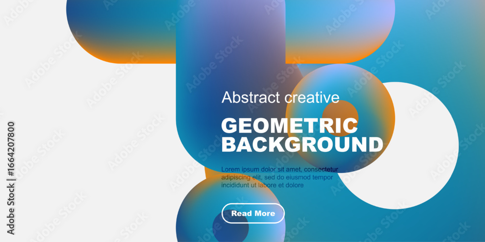 Poster abstract geometric shapes overlap, creating vibrant blue, orange gradients. text promotes background