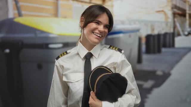 Smiling young hispanic female pilot in uniform holds cap while standing confidently on urban city street background.