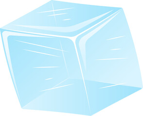 Illustration of translucent ice cube with sharp edges and realistic reflections, floating on a clean background. Ideal for food and drink designs.