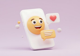 Cartoon Smartphone with Smiling Emoji Face Heart Icon and Speech Bubble for Social Media Engagement Marketing