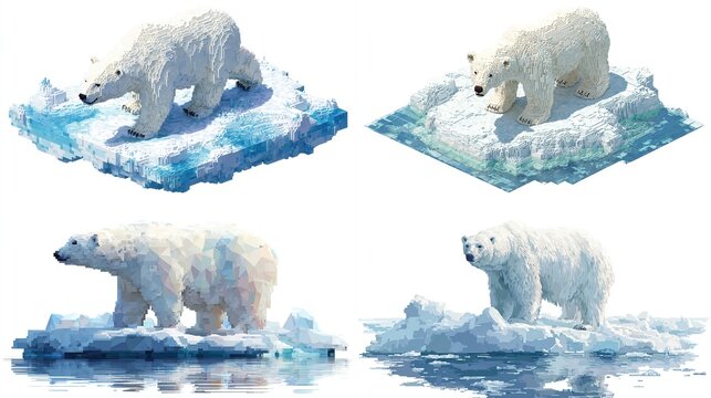 Four isometric renderings of polar bears on melting ice floes, showcasing varying angles and water reflections, emphasizing climate change vulnerability