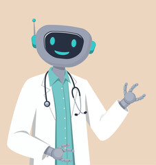 Illustration of smiling robot doctor in a white lab coat with a stethoscope. The futuristic character represents digital healthcare, innovation, and medical assistance.