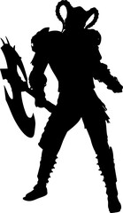 Warrior in battle stance holding a massive double headed axe. The silhouette features horned headgear, rugged armor, and a dynamic pose suggesting action and power.