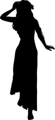 Black silhouette of a graceful woman wearing a flowing dress in a graceful gesture. Her detailed outline suggests elegance, movement, and expressive posture. Detailed fairy or nymph girl silhouette.