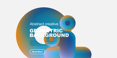 Abstract geometric background features flowing shapes, blue hues, text overlay, button. Modern design, clean aesthetic, vibrant colors.