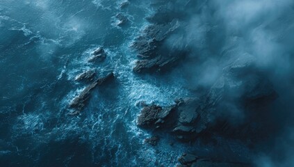 Rugged coastline, stormy sea, aerial view