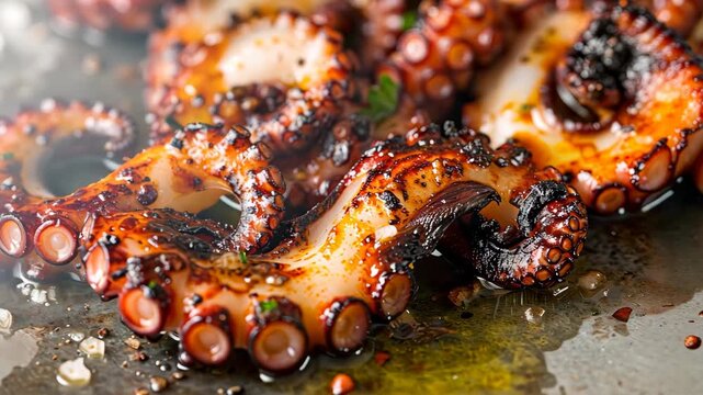 Fried octopus tentacles on a plate. Selective focus. Food.