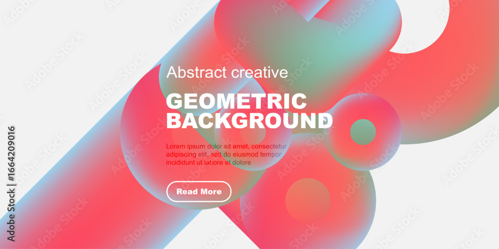 Poster vibrant abstract shapes overlap white space. text details geometric background, includes read more b