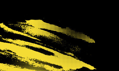 Illustration of dynamic yellow grunge brush strokes combined with halftone dot texture on a black background. Bold and energetic composition ideal for modern design elements and backdrops.
