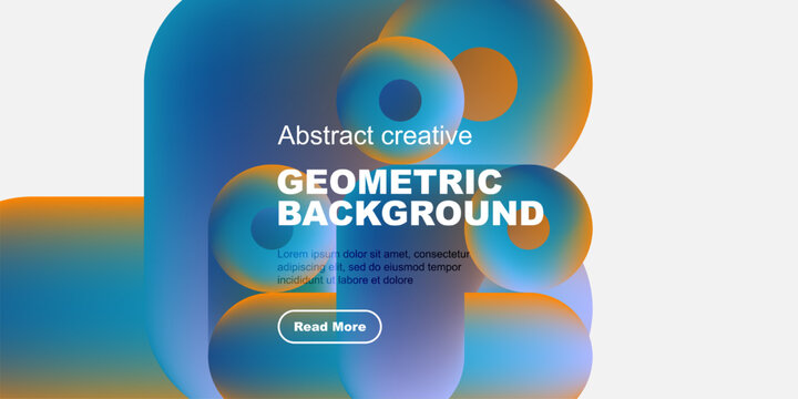 Abstract shapes overlap, creating vibrant color gradients. Text promotes geometric background design, includes call to action.