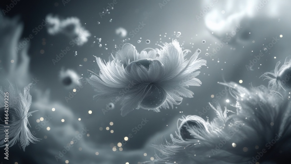 Poster delicate, light gray feathers and orbs, suspended in a dreamy, ethereal environment, create a captiv