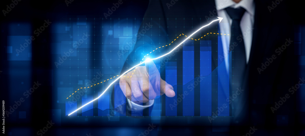 Poster a businessman points at a glowing graph indicating growth and success in a data-driven financial env