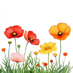 Obraz premium Vibrant Red Orange Yellow Poppies and Cosmos Watercolor Painting