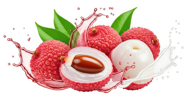Fresh lychees with a splash of juice and water, isolated on transparent background