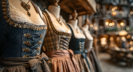 A collection of bavarian traditional clothing and symbols including dirndl lederhosen and flag on display