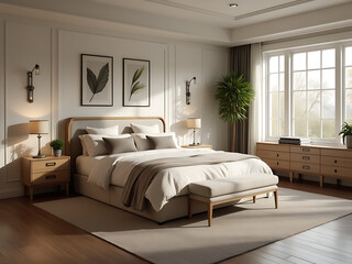Modern home interior with bedroom, living room, kitchen, and corridor. cozy sofa, bed, chairs, table, sideboard, mirrors, and flowers. Unique color scheme of white, grey, black, purple, blue, green.