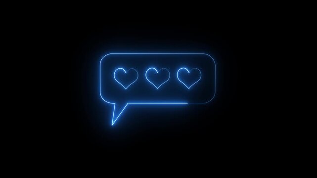 Glowing neon chat bubble with heart isolated on black background. Glowing neon Social media platform love react icon animation. neon Like and heart icon. social communication concept. - Powered by Adobe
