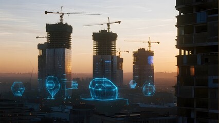 Urban Construction Site at Sunset with Futuristic Data Overlays