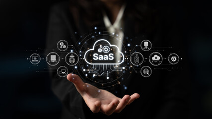 Visual representation of SaaS showing infrastructure, SaaS deployment, SaaS platform features, and SaaS integration model in digital environment. Spline