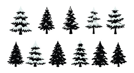Collection of black silhouettes of snow covered pine trees on white background