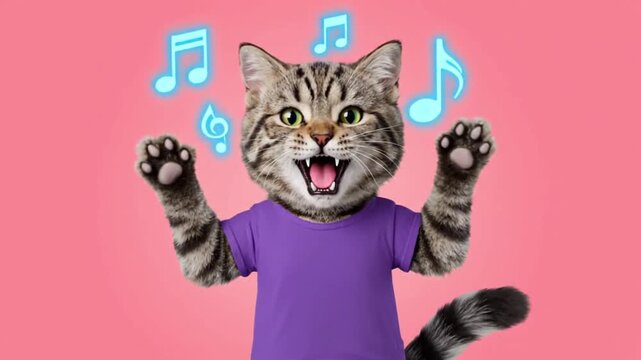 cute cat singing musical notes on pink background