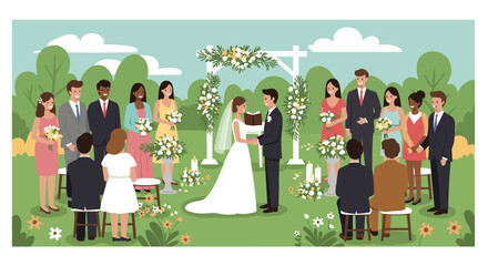 Outdoor wedding ceremony with diverse guests and floral arch in garden setting