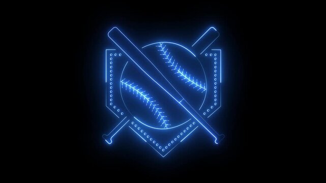 glowing neon Baseball and bat frame icon isolated on black background. neon baseball softball sport icon simple bat and ball template. crossed bats and baseball icon. 4k video.