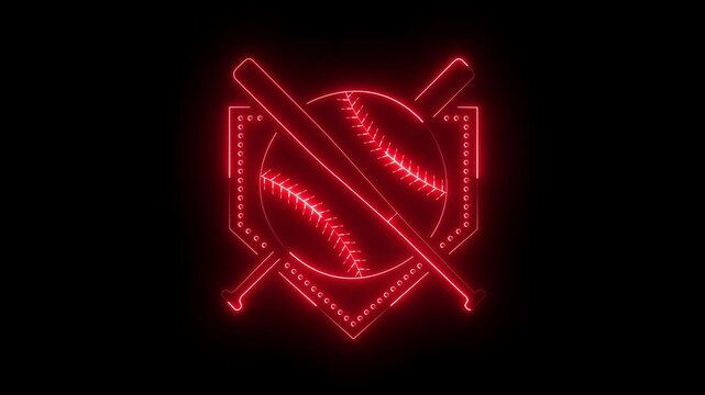 glowing neon Baseball and bat frame icon isolated on black background. neon baseball softball sport icon simple bat and ball template. crossed bats and baseball icon. 4k video.